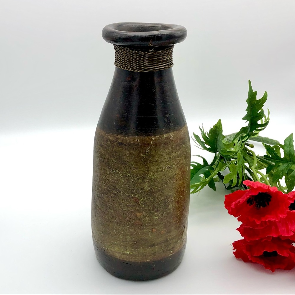 Rustic Milk Bottle Vase Shabby Farmhouse Wood Clay Pottery Shelf Filler Heavy